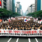 **Prompt:** A powerful and emotional depiction of the 1987 South Korean pro-democracy movement. Vast crowds of determined citizens, spanning across a wide urban street reminiscent of Seoul, are actively protesting. They hold banners, their faces resolute, embodying collective will and resilience. The atmosphere is charged with a sense of unity and hope for constitutional reform. The setting is bright daytime, with historical realism and a dynamic composition that conveys the scale of the popular uprising.