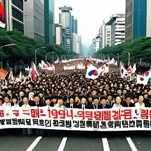 Home 23 **Prompt:** A powerful and emotional depiction of the 1987 South Korean pro-democracy movement. Vast crowds of determined citizens, spanning across a wide urban street reminiscent of Seoul, are actively protesting. They hold banners, their faces resolute, embodying collective will and resilience. The atmosphere is charged with a sense of unity and hope for constitutional reform. The setting is bright daytime, with historical realism and a dynamic composition that conveys the scale of the popular uprising.