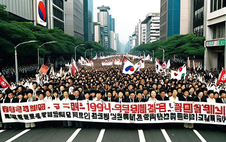 **Prompt:** A powerful and emotional depiction of the 1987 South Korean pro-democracy movement. Vast crowds of determined citizens, spanning across a wide urban street reminiscent of Seoul, are actively protesting. They hold banners, their faces resolute, embodying collective will and resilience. The atmosphere is charged with a sense of unity and hope for constitutional reform. The setting is bright daytime, with historical realism and a dynamic composition that conveys the scale of the popular uprising.