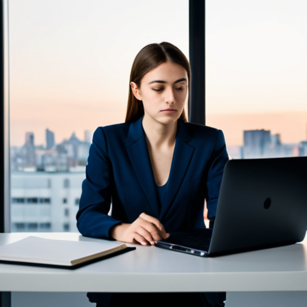 A professional young woman in a modest business suit, sitting at a sleek desk in a minimalist modern office late in the evening. Her hands are resting on a closed laptop, and she looks thoughtfully towards a city skyline visible through a large window, conveying a sense of deep focus and quiet contemplation. The office is tidy and well-lit. fully clothed, appropriate attire, safe for work, perfect anatomy, correct proportions, natural pose, professional dress, well-formed hands, proper finger count, natural body proportions, professional photography, high quality, family-friendly.