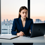 A professional young woman in a modest business suit, sitting at a sleek desk in a minimalist modern office late in the evening. Her hands are resting on a closed laptop, and she looks thoughtfully towards a city skyline visible through a large window, conveying a sense of deep focus and quiet contemplation. The office is tidy and well-lit. fully clothed, appropriate attire, safe for work, perfect anatomy, correct proportions, natural pose, professional dress, well-formed hands, proper finger count, natural body proportions, professional photography, high quality, family-friendly.