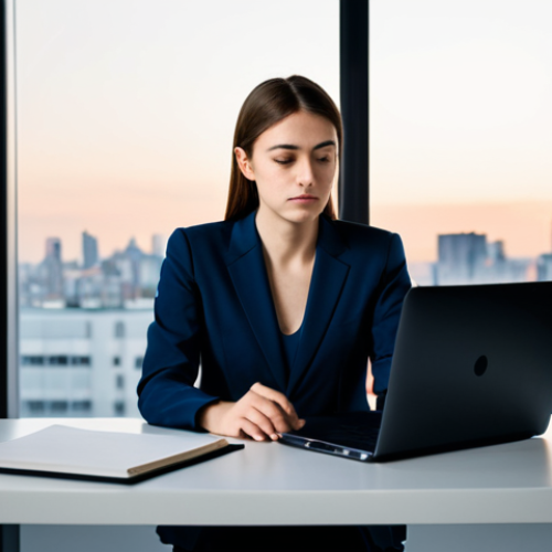 A professional young woman in a modest business suit, sitting at a sleek desk in a minimalist modern office late in the evening. Her hands are resting on a closed laptop, and she looks thoughtfully towards a city skyline visible through a large window, conveying a sense of deep focus and quiet contemplation. The office is tidy and well-lit. fully clothed, appropriate attire, safe for work, perfect anatomy, correct proportions, natural pose, professional dress, well-formed hands, proper finger count, natural body proportions, professional photography, high quality, family-friendly.