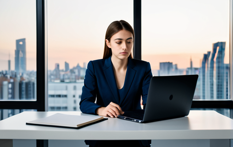A professional young woman in a modest business suit, sitting at a sleek desk in a minimalist modern office late in the evening. Her hands are resting on a closed laptop, and she looks thoughtfully towards a city skyline visible through a large window, conveying a sense of deep focus and quiet contemplation. The office is tidy and well-lit. fully clothed, appropriate attire, safe for work, perfect anatomy, correct proportions, natural pose, professional dress, well-formed hands, proper finger count, natural body proportions, professional photography, high quality, family-friendly.
