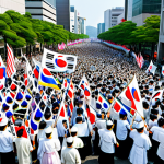 Peaceful Protest**

"A large crowd of Korean citizens, fully clothed in modest traditional Joseon era clothing, peacefully protesting in a bustling Seoul street during the day, holding Korean flags and signs, safe for work, appropriate content, professional photojournalism, perfect anatomy, natural proportions, high resolution, family-friendly."

**