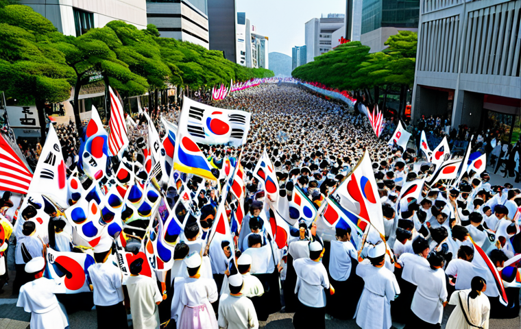 Peaceful Protest**

"A large crowd of Korean citizens, fully clothed in modest traditional Joseon era clothing, peacefully protesting in a bustling Seoul street during the day, holding Korean flags and signs, safe for work, appropriate content, professional photojournalism, perfect anatomy, natural proportions, high resolution, family-friendly."

**