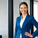 **

A professional businesswoman in a modest business suit, smiling confidently while standing in a bright, modern office. Fully clothed, appropriate attire, safe for work, perfect anatomy, natural proportions, professional photography, high quality.

**