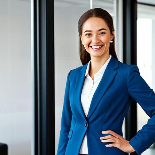Home 9 **
A professional businesswoman in a modest business suit, smiling confidently while standing in a bright, modern office. Fully clothed, appropriate attire, safe for work, perfect anatomy, natural proportions, professional photography, high quality.
**
