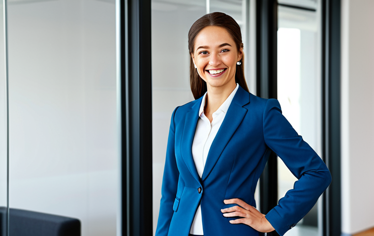 **

A professional businesswoman in a modest business suit, smiling confidently while standing in a bright, modern office. Fully clothed, appropriate attire, safe for work, perfect anatomy, natural proportions, professional photography, high quality.

**