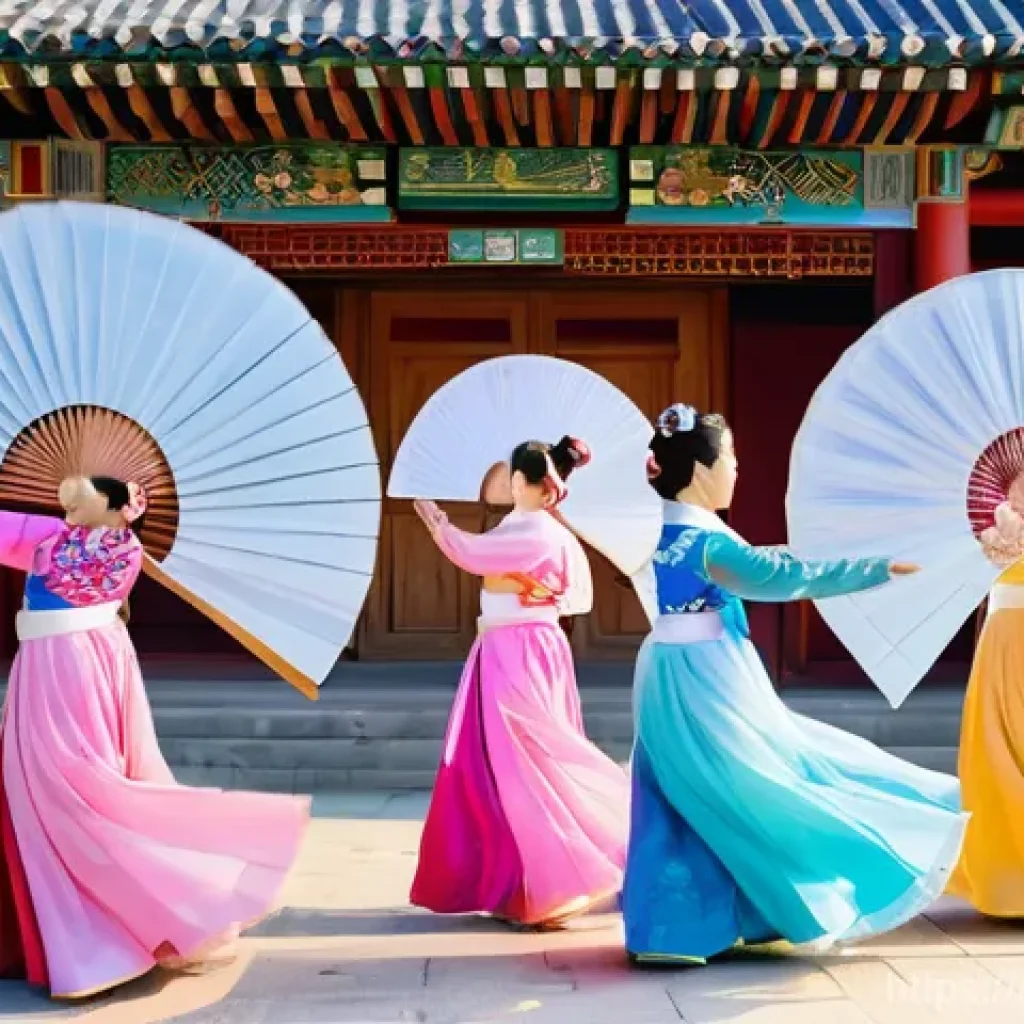 부채춤 공연 일정 - **Prompt 1: Elegant Fan Dance Performance**
    A group of graceful Korean women performing the Buch...