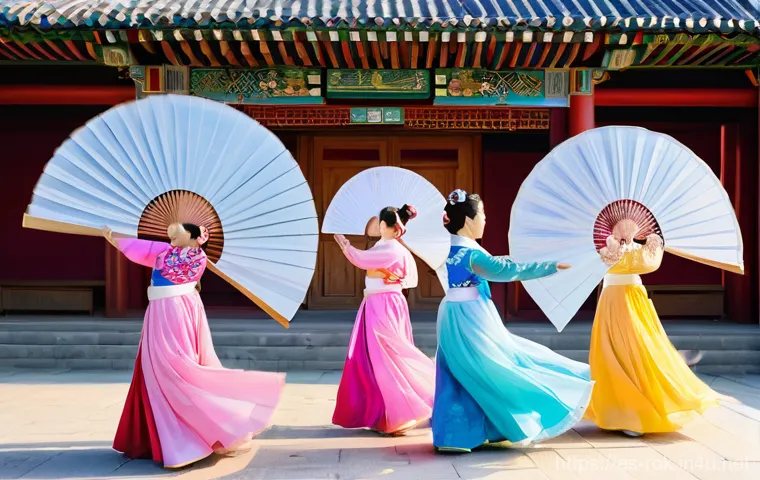 부채춤 공연 일정 - **Prompt 1: Elegant Fan Dance Performance**
A group of graceful Korean women performing the Buch...