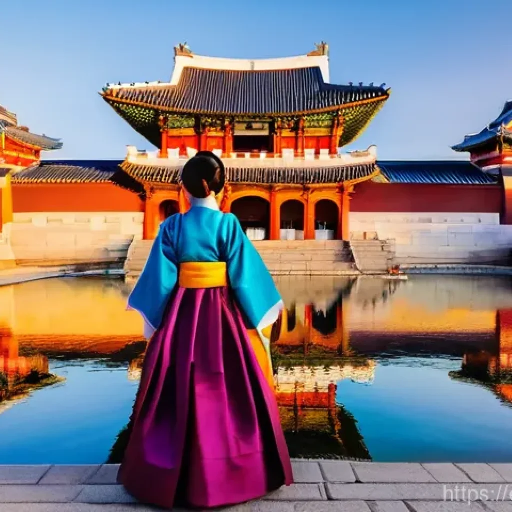 서울 경복궁 가이드 - **Prompt 1: Gyeongbokgung Palace Hanbok Sunset**
"A majestic, wide shot of Gyeongbokgung Palace ...
