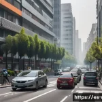 Home 19 한국의 대기 오염 문제 - A bustling urban street scene in a modern Spanish city during rush hour, showcasing a dense flow of ...