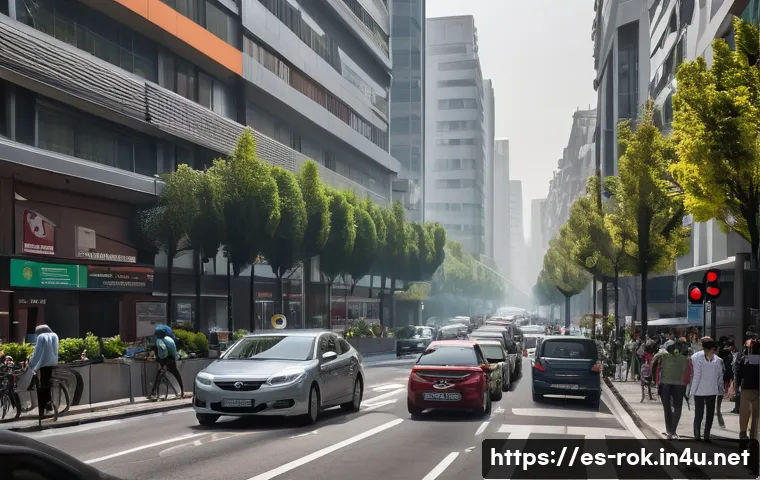 한국의 대기 오염 문제 - A bustling urban street scene in a modern Spanish city during rush hour, showcasing a dense flow of ...