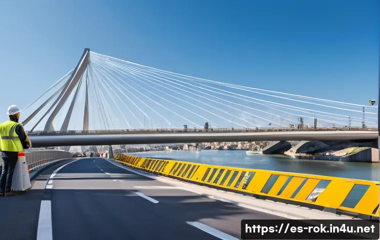 성수대교 붕괴 - A detailed urban scene showing a modern bridge equipped with advanced smart sensors and drone techno...