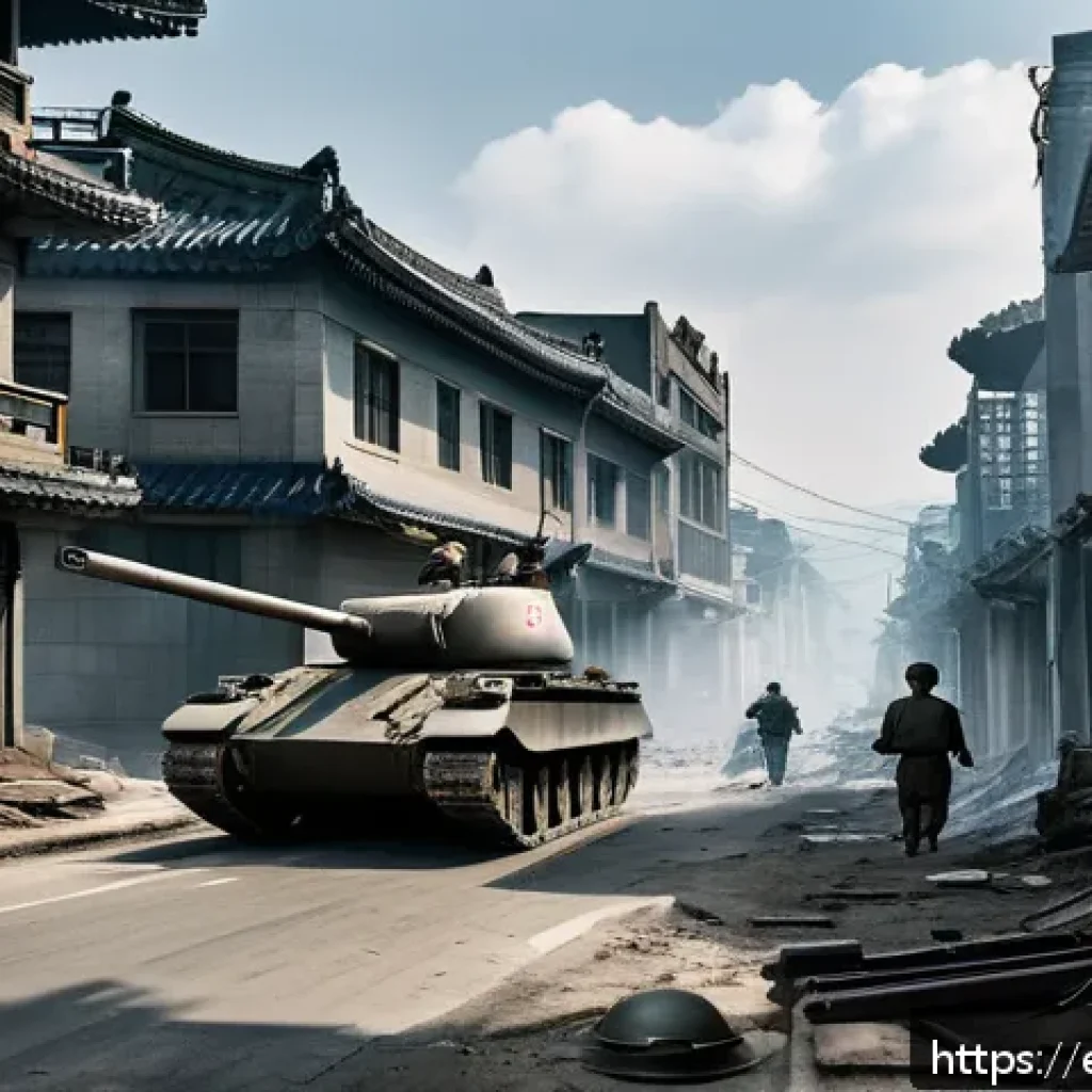 6 25 전쟁 주요 전투 - A detailed scene of an intense urban battle during the Korean War era, set in a South Korean city wi...