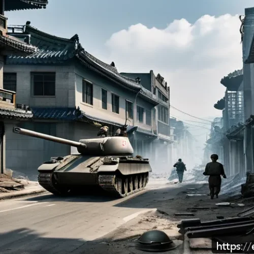 Home 17 6 25 전쟁 주요 전투 - A detailed scene of an intense urban battle during the Korean War era, set in a South Korean city wi...