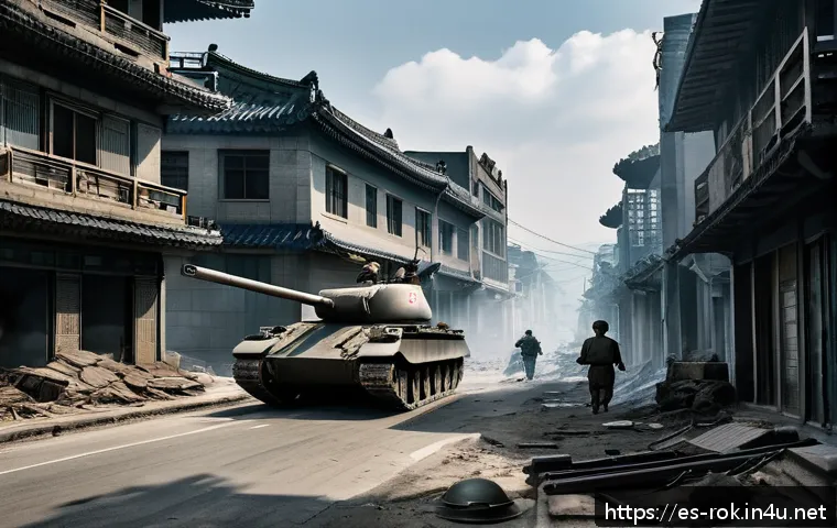 6 25 전쟁 주요 전투 - A detailed scene of an intense urban battle during the Korean War era, set in a South Korean city wi...