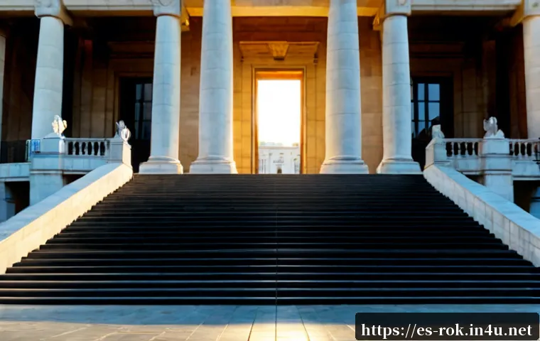 헌법재판소 탄핵 판결 - Photorealistic exterior of a grand Spanish constitutional court building at dawn, symmetrical neocla...