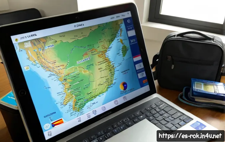 대한민국 방문 팁 - Photorealistic travel planning scene for Spanish visitors to South Korea, an organized desk with a S...